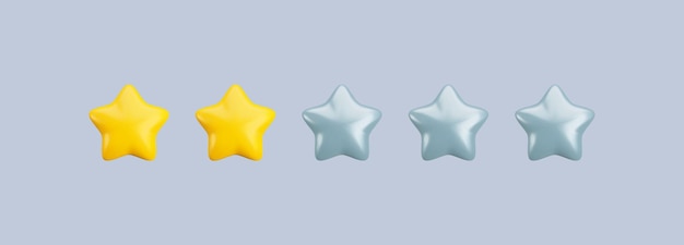 Ícone de classificação de duas estrelas de vetor 3d duas estrelas de cinco desenhos animados realistas 3d renderização má classificação do cliente e feedback negativo conceito de baixo nível estrelas amarelas brilhantes bonitas para web aplicativo de jogo ui móvel