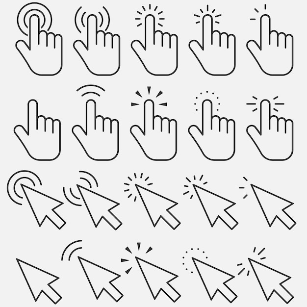 Ícone de clique do ponteiro Conjunto de cliques do cursor apontando a mão clica ilustração vetorial