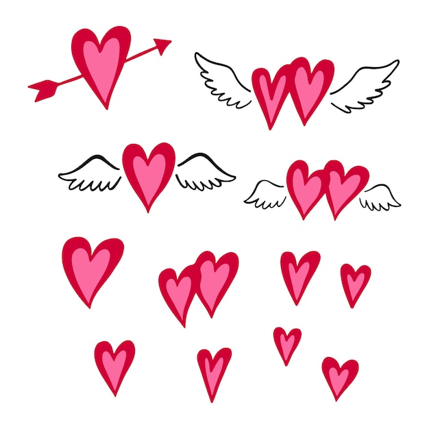 Ícone de coleção de coração vermelho. símbolos de amor, coração voador isolado na ilustração vetorial branca. elementos do dia dos namorados.