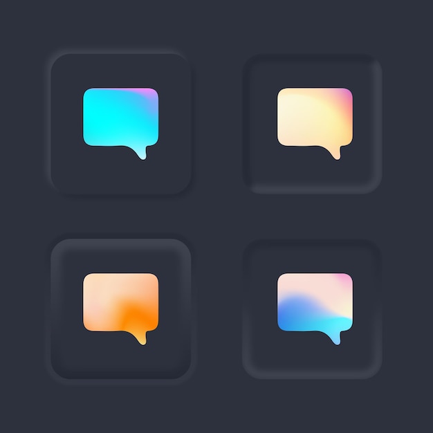 Ícone de comentário com cores de malha de gradiente em botões neumórficos pretos
