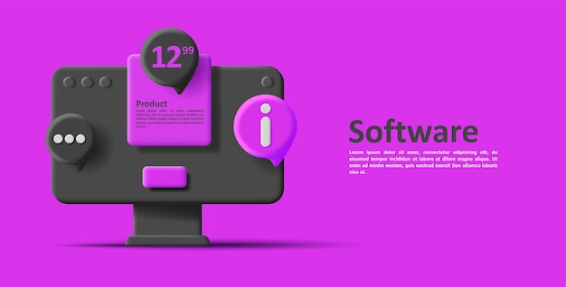 Ícone de computador 3d com bolhas e preço, preto em violeta. ilustração vetorial