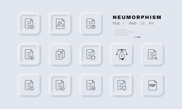 Ícone de conjunto de arquivos documento de texto leitor de arquivos pdf favoritos pagos novas informações pesquisa proteção importante etc conceito de conjunto de dados estilo de neomorfismo ícone de linha vetorial para negócios e publicidade