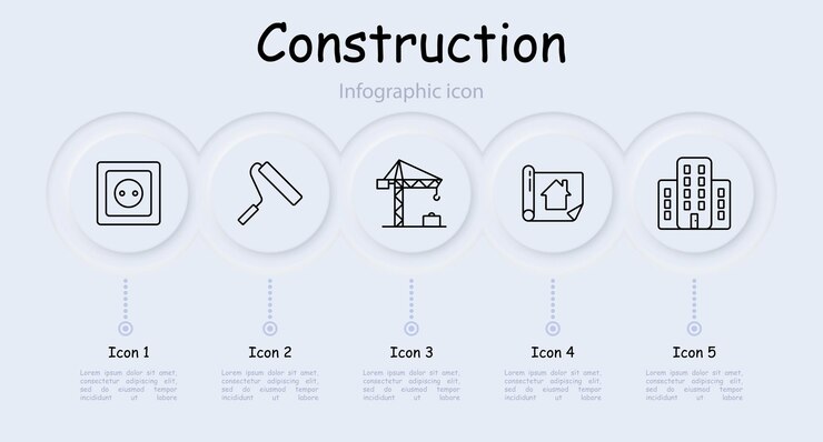 Vetor ícone de conjunto de construção chave de pá mão de parede tijolo martelo cruz bando de chaves parafuso de prego infográfico neomorfismo plano de construção pintura de rolo layout de apartamento conceito de construção