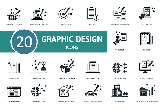 Vetor Ícone de conjunto de design gráfico contém ilustrações de design gráfico, como detalhes de design de interface, design ux e mais