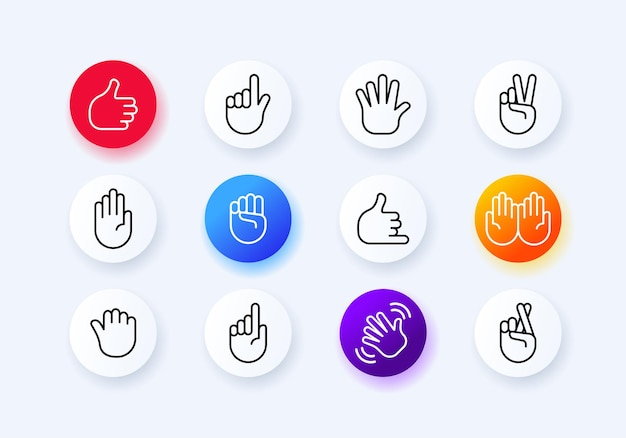 Ícone de conjunto de gestos polegar para cima dedo indicador saudação punho dedos cruzados conceito de palma estilo de neomorfismo ícone de linha vetorial para negócios e publicidade