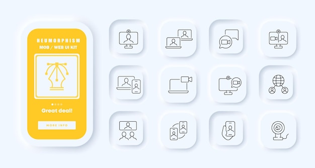 Ícone de conjunto de instantâneos quadro de vídeo da câmera lente de retrato mídia fotógrafo publicação de rede social vigilância por vídeo cctv neomorfismo ui telas de aplicativos de telefone ícone de linha vetorial para negócios