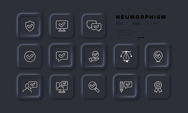 Ícone de conjunto de marca de seleção proteção no monitor mensagem de sucesso entregue medalha de ponteiro confirmada concluída conceito aprovado estilo de neomorfismo ícone de linha vetorial para negócios e publicidade