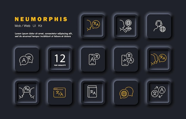 Ícone de conjunto de serviço de tradução hieróglifo idioma estrangeiro aplicativo de telefone on-line website operador de dicionário bolha de fala de entrada de voz conceito de tecnologia estilo de neomorfismo ícone de linha vetorial