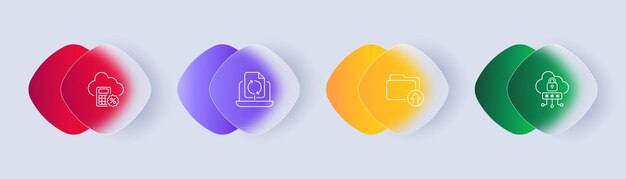 Ícone de conjunto de tecnologia de computador calculadora de configurações de armazenamento em nuvem setas de arquivo eletrônico pasta de backup bloqueio de upload senha privada conceito de dados morfismo de vidro ícone de linha vetorial para negócios