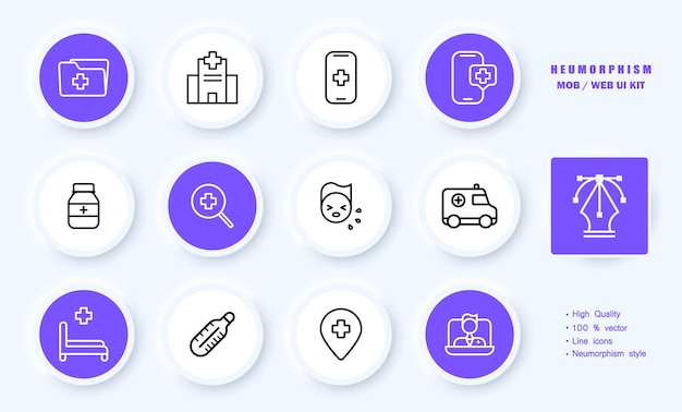 Ícone de conjunto de tratamento histórico de doenças chamada de hospital consulta médico jar lupa tosse ambulância sala de emergência termômetro ponteiro mapa conceito de saúde ícone de linha de vetor de neomorfismo