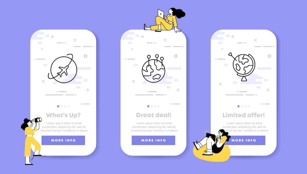 Ícone de conjunto de voo equator avião transporte aeroporto planeta globo férias destino ponteiro avião flip concept ui telas de aplicativo de telefone com pessoas ícone de linha vetorial para negócios