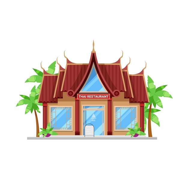 Ícone de construção de restaurante de cozinha tailandesa tailândia café de comida ou fachada de restaurante com grandes janelas porta de vidro decorada ornamentos asiáticos palmeiras cidade asiática comida de rua restaurante exterior do edifício