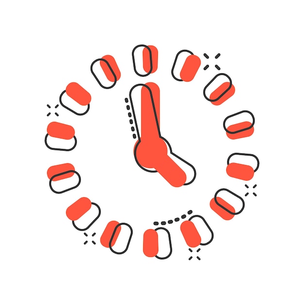 Ícone de contagem regressiva do relógio em estilo cômico cronômetro de tempo ilustração vetorial pictograma efeito de respingo