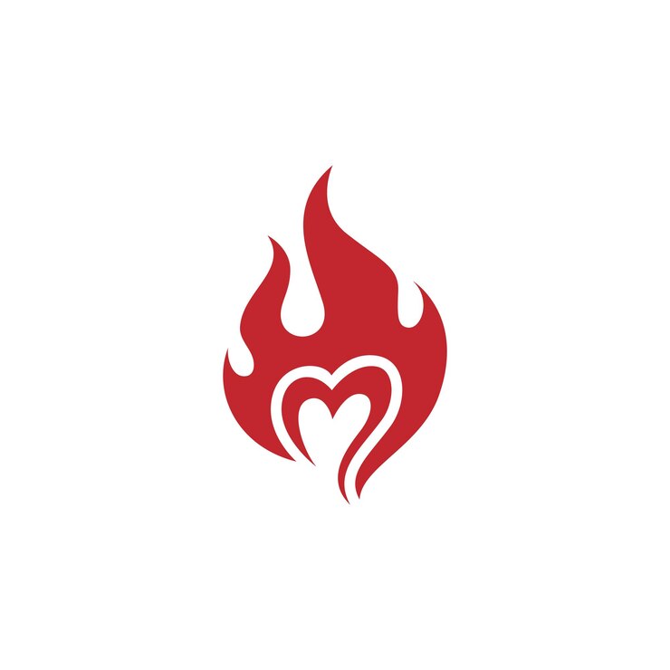Vetor ícone de coração design de logotipo de vetor plano com elemento de fogo ardente