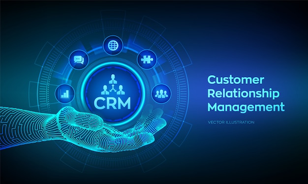 Vetor Ícone de crm na mão robótica. gestão de relacionamento com o cliente. atendimento ao cliente e conceito de relacionamento na tela virtual.