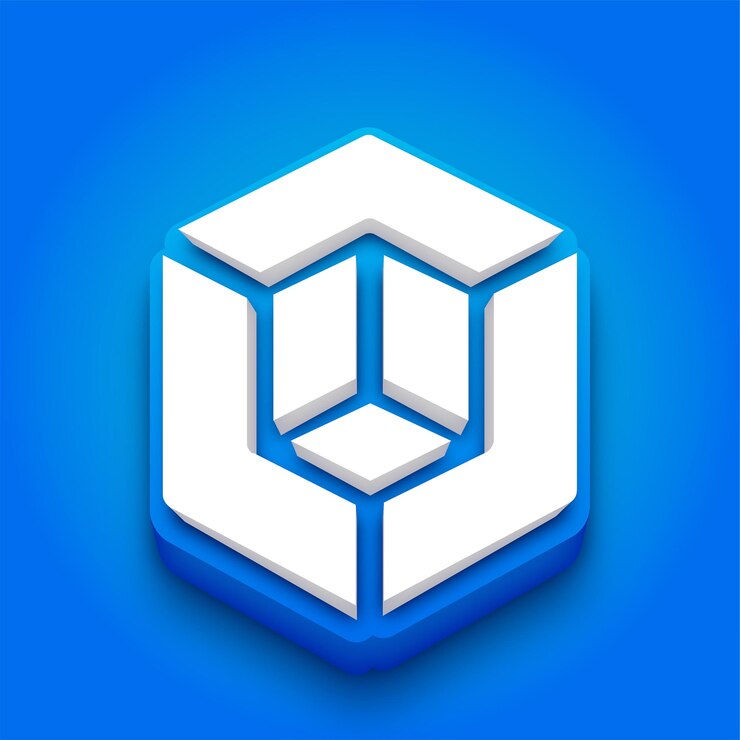 Vetor ícone de cubo 3d azul e branco com fundo azul vibrante