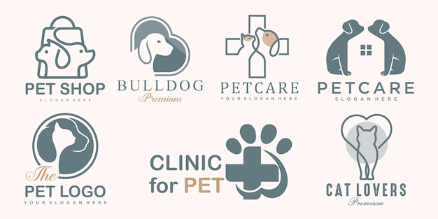 Ícone de cuidados com animais de estimação definir logotipo com símbolo de silhueta de cão e gato para loja de clínica veterinária