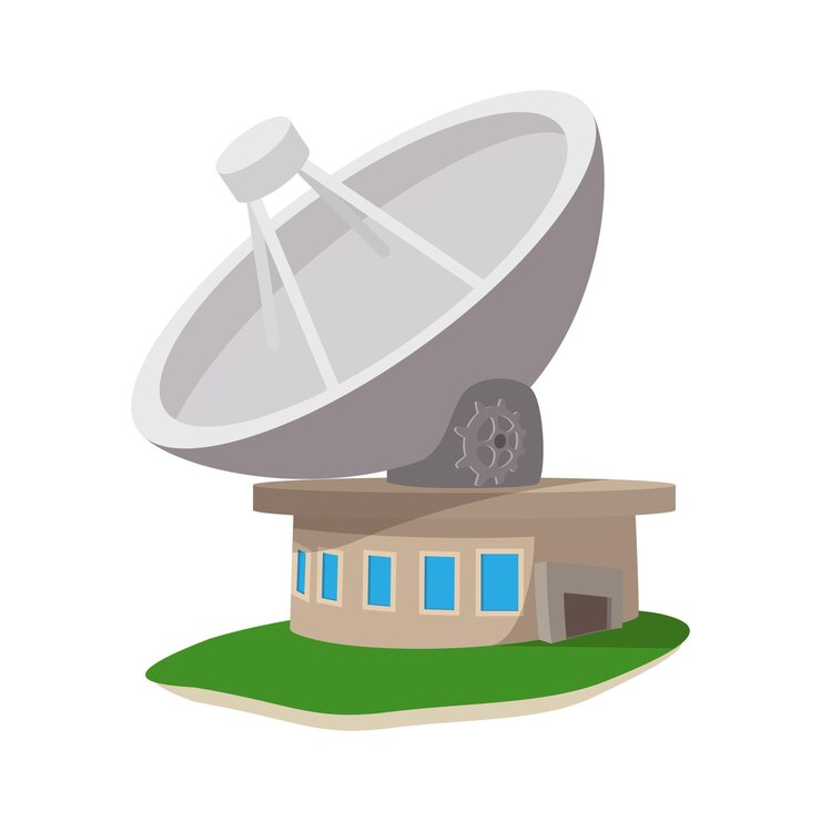 Vetor ícone de desenho animado da estação de comunicação via satélite em um fundo branco