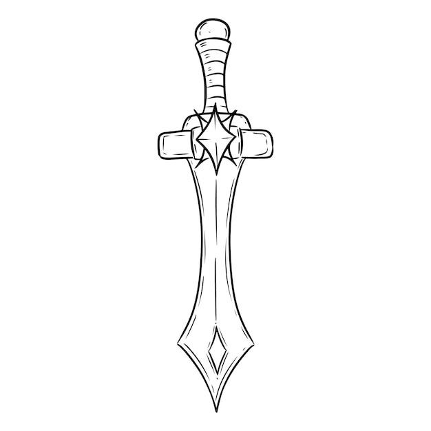 Ícone de desenho animado de espada de guerreiro de fantasia contorne a imagem de estilo cômico de uma imagem de arma de espada ilustração lineart isolada desenhada à mão para cartões de desenhos de impressões