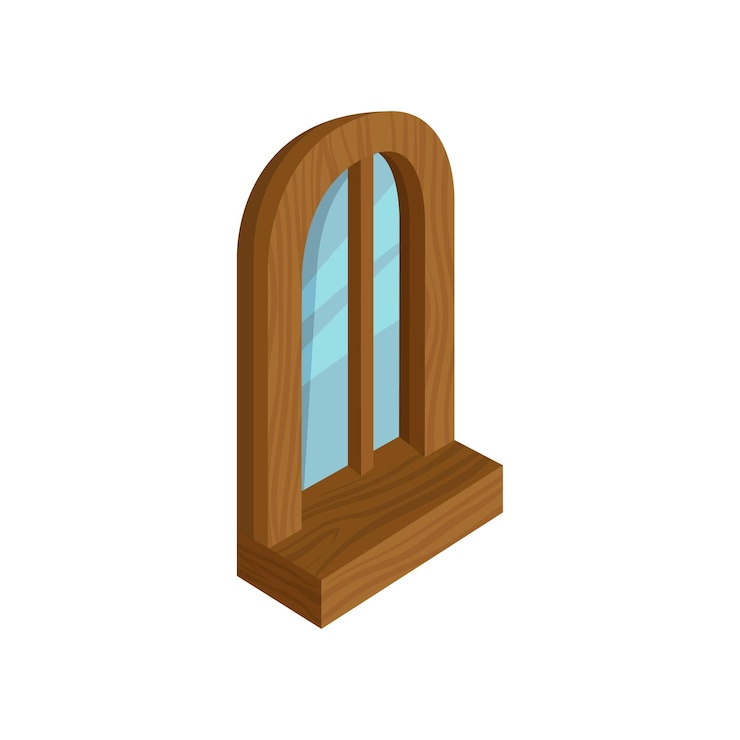Vetor ícone de desenho animado de velha janela arqueada de madeira com vidro azul estilo 3d moderno elemento gráfico para jogo de computador ou móvel ilustração isométrica colorida design vetorial plano isolado em fundo branco