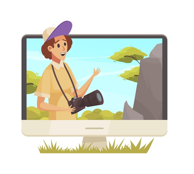 Ícone de desenho animado do blogueiro com câmera ao ar livre na ilustração vetorial de monitor de computador