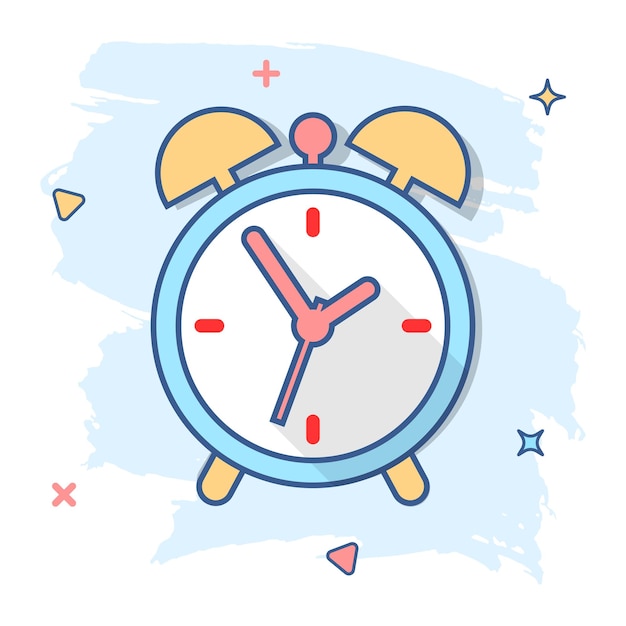 Ícone de despertador de desenho animado em estilo cômico ilustração de sinal de temporizador pictograma conceito de negócio de respingo de cronômetro
