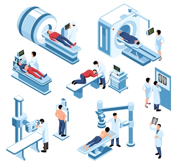 Ícone de diagnóstico de varredura de raio-x de ultrassom isométrico define vários tipos de diagnóstico de doenças com a ajuda de dispositivos médicos ilustração vetorial