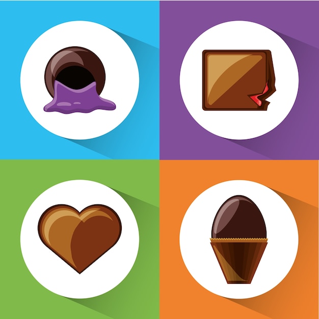 Ícone de doces de chocolate ajustado em quadrados coloridos