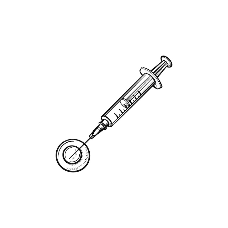 Vetor ícone de doodle de contorno desenhado de mão de injeção de estomatologia. conceito de odontologia, estomatologia, anestesia e tratamento