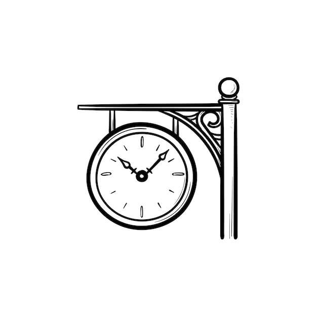 Ícone de doodle de contorno desenhado de mão de relógio de estação de trem. conceito de tempo de chegada e partida, ferrovia e plataforma. ilustração de desenho vetorial para impressão, web, mobile e infográficos em fundo branco.