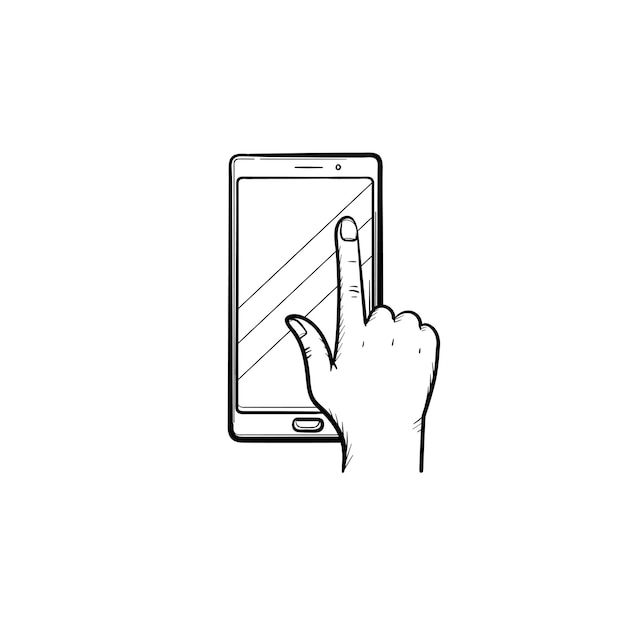 Ícone de doodle de contorno desenhado de mão de touchscreen de telefone. dedo pressionando o touchpad do telefone com ilustração de desenho vetorial de imagem de livro para impressão, mobile e infográficos isolados no fundo branco.