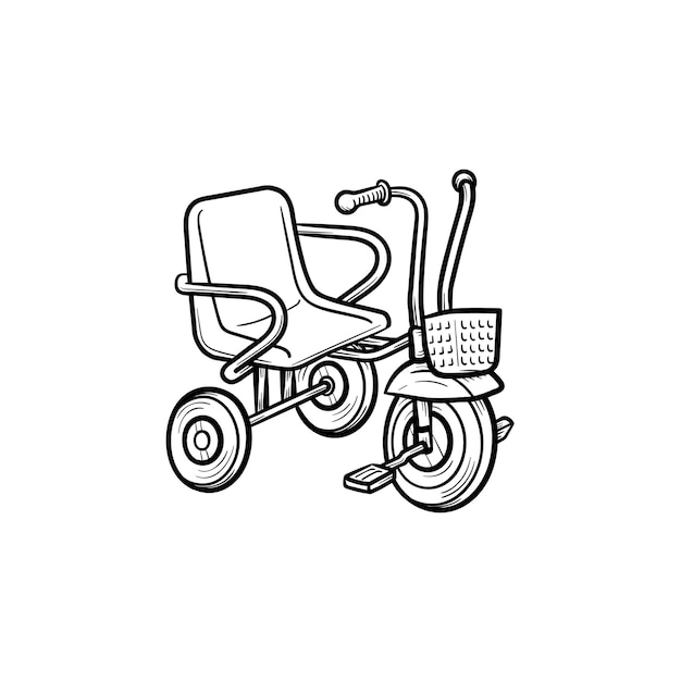 Ícone de doodle de contorno desenhado de mão de triciclo. triciclo ou bicicleta de bebê como crianças brincando de ilustração de desenho vetorial de conceito para impressão, web, mobile e infográficos isolados no fundo branco.