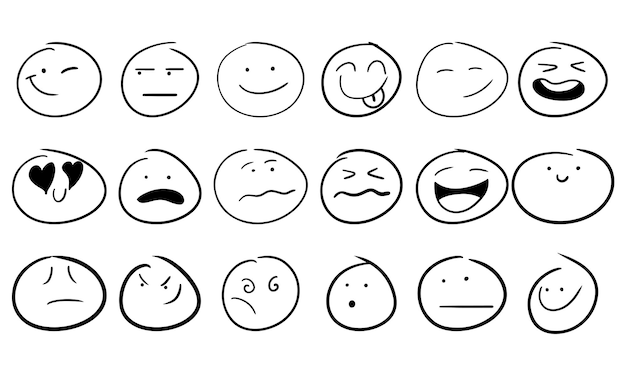 Ícone de doodle de rosto desenhado à mão sorridente e esboço de sinal de emoticon de sorriso à mão livre e expressão de símbolo