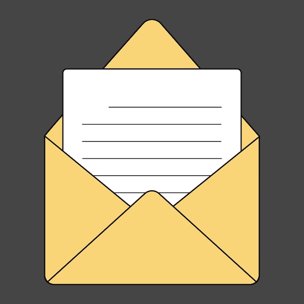 Ícone de e-mail em um pano de fundo escuro. Envelope amarelo com papel branco. AVC. Documento. Simples. Vetor.