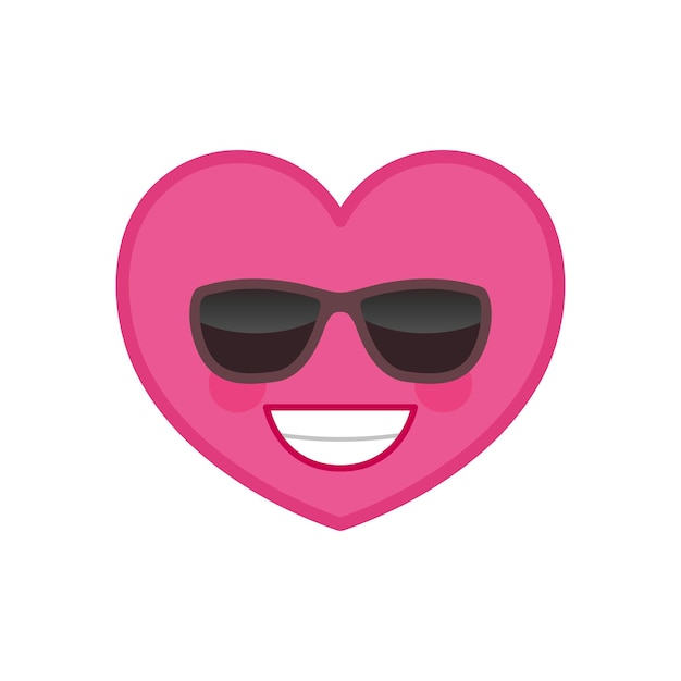Ícone de emoticon engraçado em forma de coração rindo emoji rosa satisfeito em óculos de sol elemento vetorial de comunicação social e bate-papo on-line rosto confiante mostrando emoção facial mascote do dia dos namorados