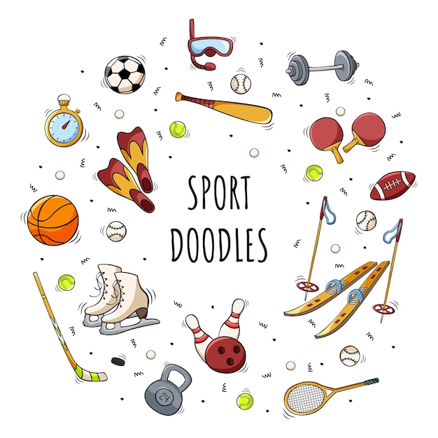 Ícone de equipamento de esporte desenhado à mão definido em estilo doodle