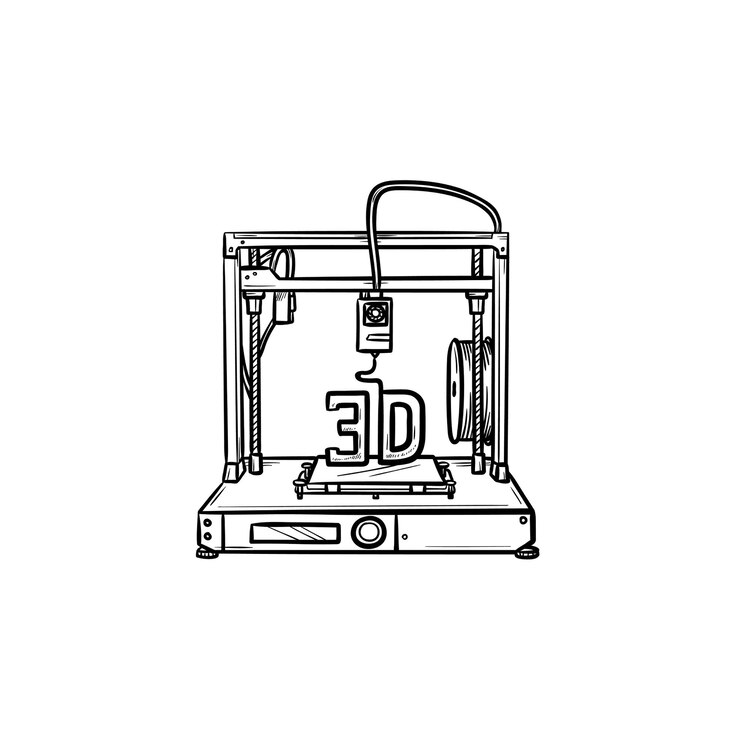 Vetor ícone de esboço desenhado de mão de impressora 3d. fabricação, máquina de impressão e conceito de tecnologia