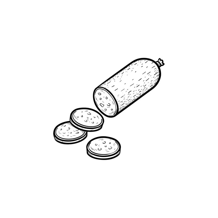 Vetor ícone de esboço desenhado de mão de salsicha. pedaço de salame wurst vector sketch ilustração para impressão, web, mobile e infográficos isolados no fundo branco.