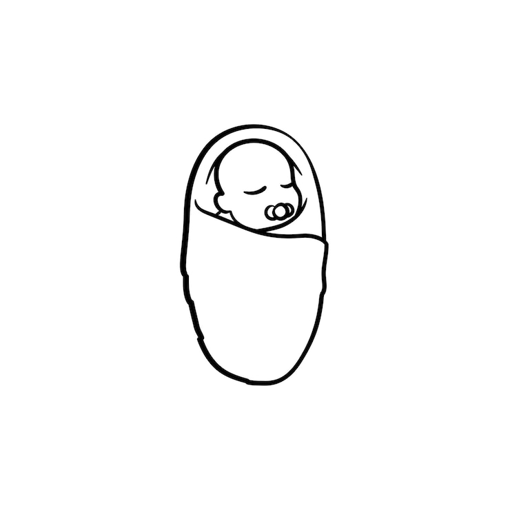 Vetor ícone de esboço desenhado de mão infantil recém-nascido. bebezinho infantil com chupeta e ilustração de desenho vetorial de mãos enfaixadas para impressão, web, mobile e infográficos isolados no fundo branco.