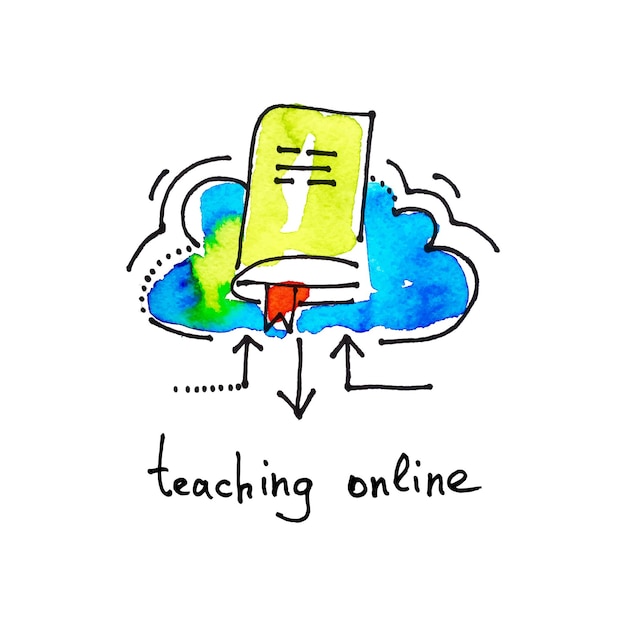 Ícone de esboço em aquarela de ensino de educação a distância on-line e conceito de aprendizagem