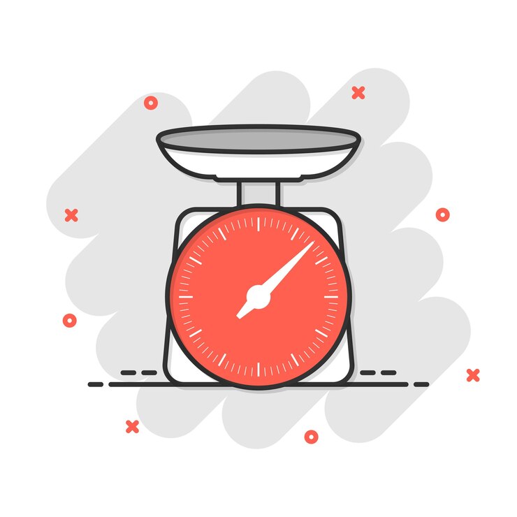 Vetor ícone de escala de peso em estilo cômico medição de massa vetor de desenhos animados ilustração em fundo isolado excesso de peso efeito sinal conceito de negócio
