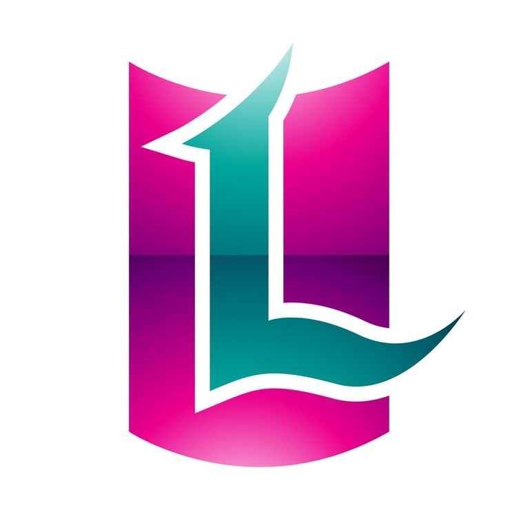 Vetor ícone de escudo brilhante magenta e verde em forma de letra l