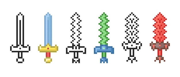 Ícone de espada mágica no estilo pixel conjunto de ícones retrô pixelados