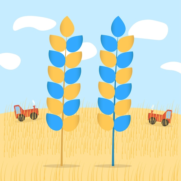 Ícone de espigas de planta de trigo ukaine azul e amarelo definido no fundo da natureza com ilustração vetorial de tratores