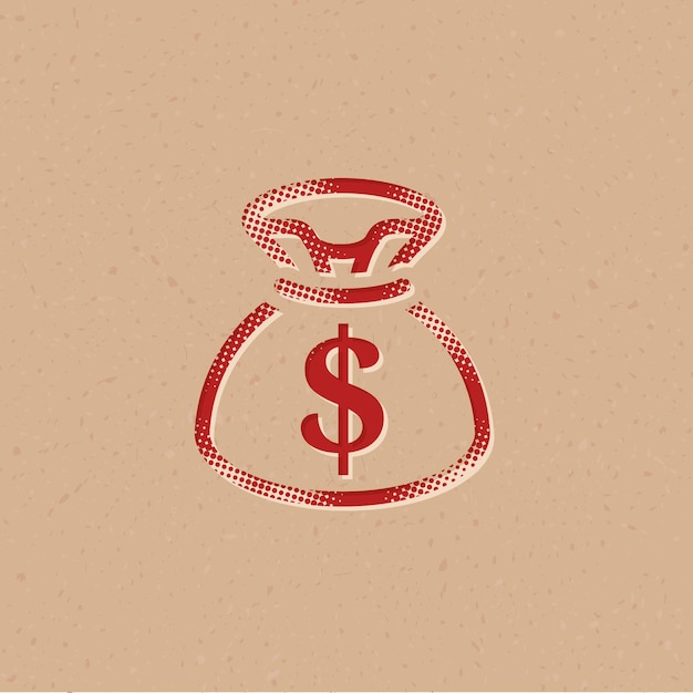 Ícone de estilo de meio-tom de saco de dinheiro com ilustração vetorial de fundo grunge