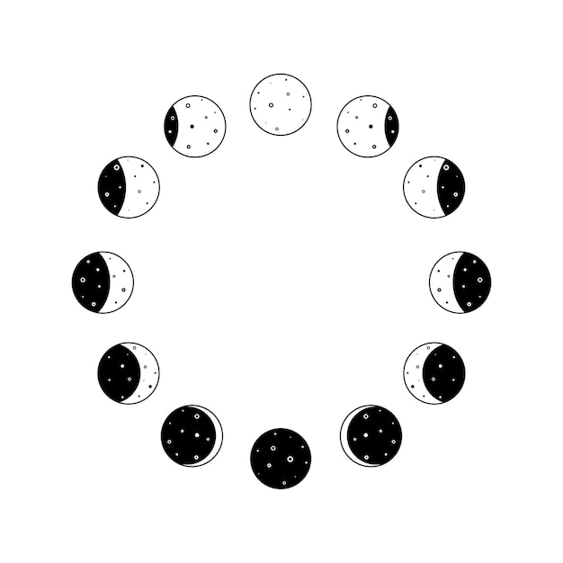 Vetor Ícone de fases da lua circular definido em silhueta de contorno preto ciclo de astronomia inteiro da lua nova a plena ...