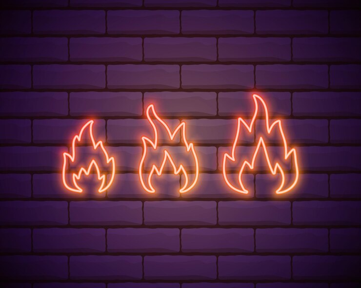 Ícone de fogo neon Elementos em ícones de estilo neon Ícone simples de chama neon para sites web design aplicativo móvel isolado na parede de tijolos