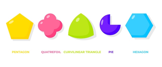 Vetor Ícone de formas geométricas de desenhos animados planos coloridos definir formas matemáticas básicas com nomes pentágono quatrefoil pie h ...