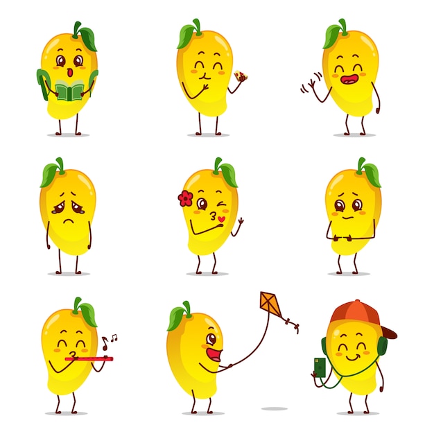 Ícone de fruta manga amarela cartoon caricatura emoticon expressão fazendo atividade diária jogar flauta pipa ginásio barbell ler livro faculdade ciclo passeio cantando música feliz selfie cair