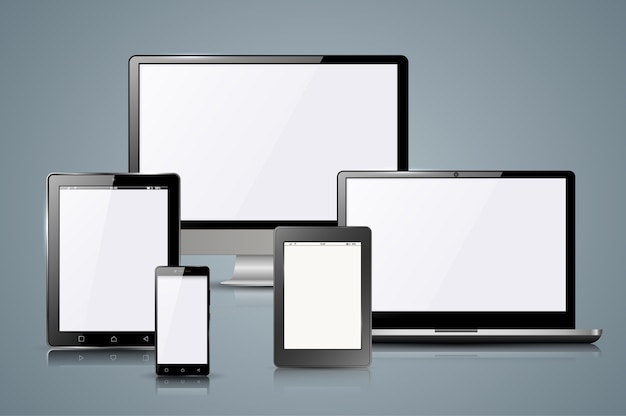 Vetor Ícone de gadget realista: smartphone, tablet, leitor de livros, ebook, monitor, pc, notebook.